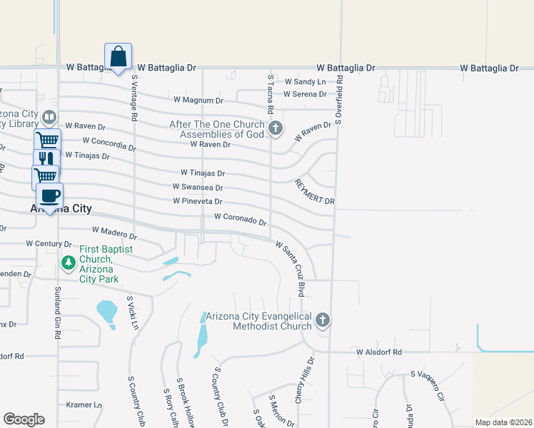 map of restaurants, bars, coffee shops, grocery stores, and more near 8439 West Pineveta Drive in Arizona City