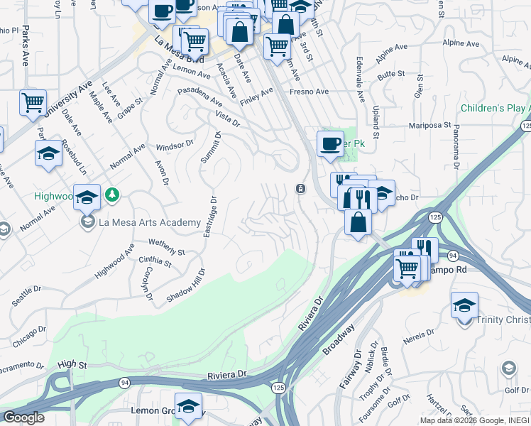map of restaurants, bars, coffee shops, grocery stores, and more near 8001-8299 Valley View Cir in La Mesa