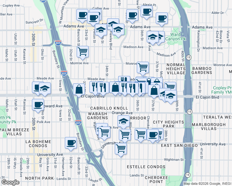 map of restaurants, bars, coffee shops, grocery stores, and more near in San Diego