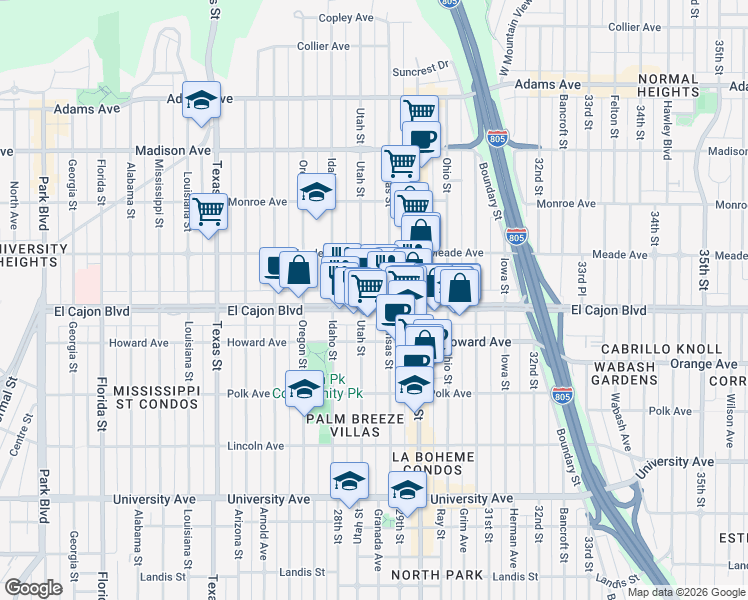 map of restaurants, bars, coffee shops, grocery stores, and more near 2878 El Cajon Boulevard in San Diego