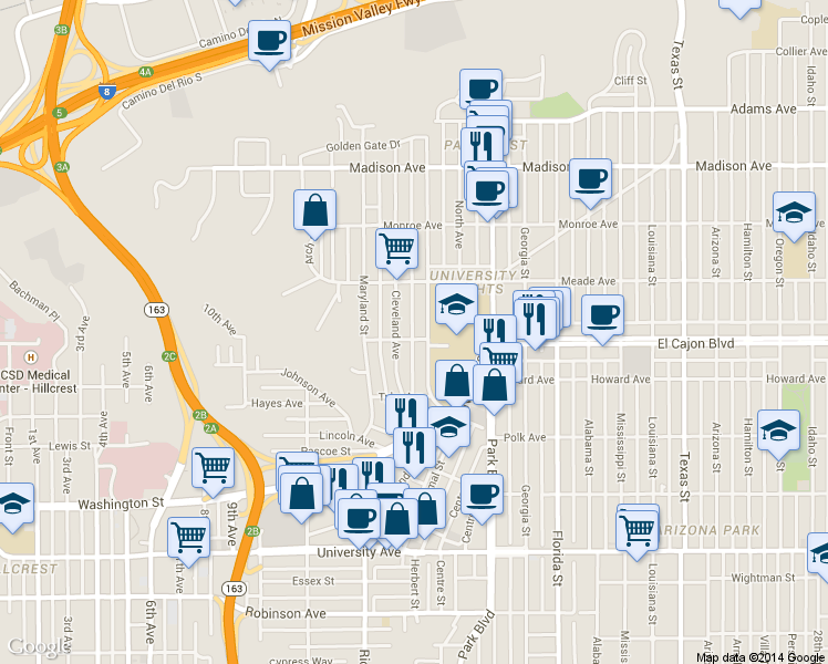 map of restaurants, bars, coffee shops, grocery stores, and more near 1440 Van Buren Avenue in San Diego
