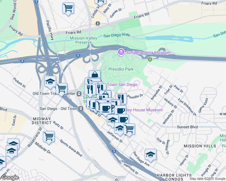 map of restaurants, bars, coffee shops, grocery stores, and more near 2635 Sunset Street in San Diego