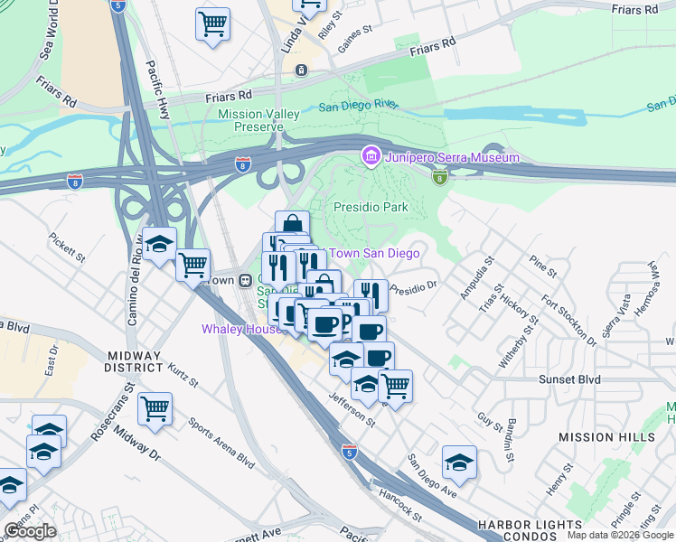 map of restaurants, bars, coffee shops, grocery stores, and more near 2635 Sunset Street in San Diego