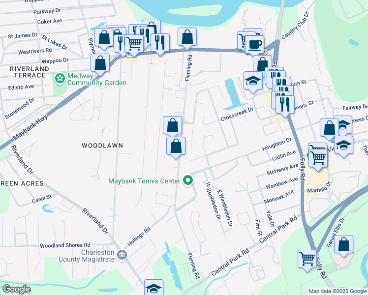 map of restaurants, bars, coffee shops, grocery stores, and more near 286 Fleming Road in Charleston