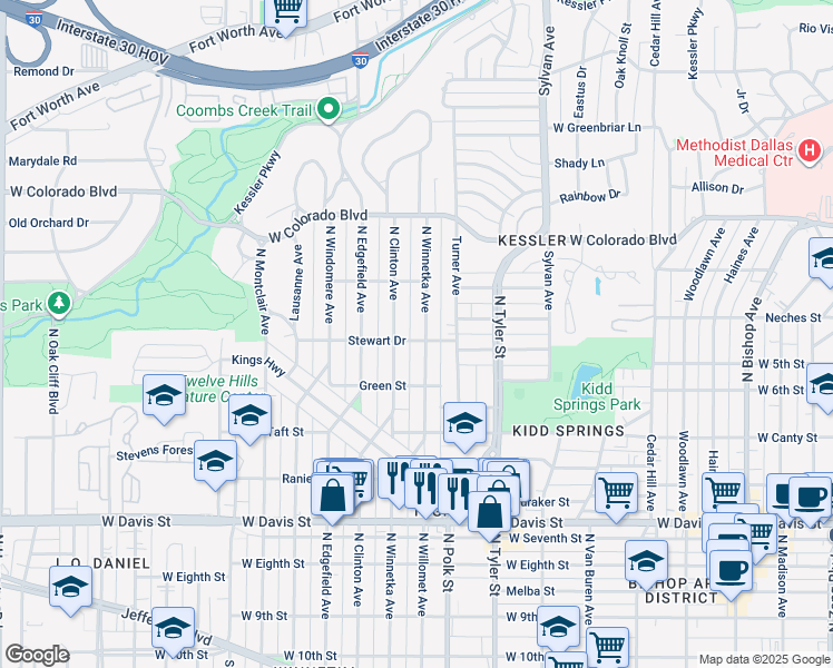 map of restaurants, bars, coffee shops, grocery stores, and more near 947 Turner Avenue in Dallas
