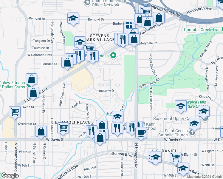 map of restaurants, bars, coffee shops, grocery stores, and more near 2425 Bahama Drive in Dallas