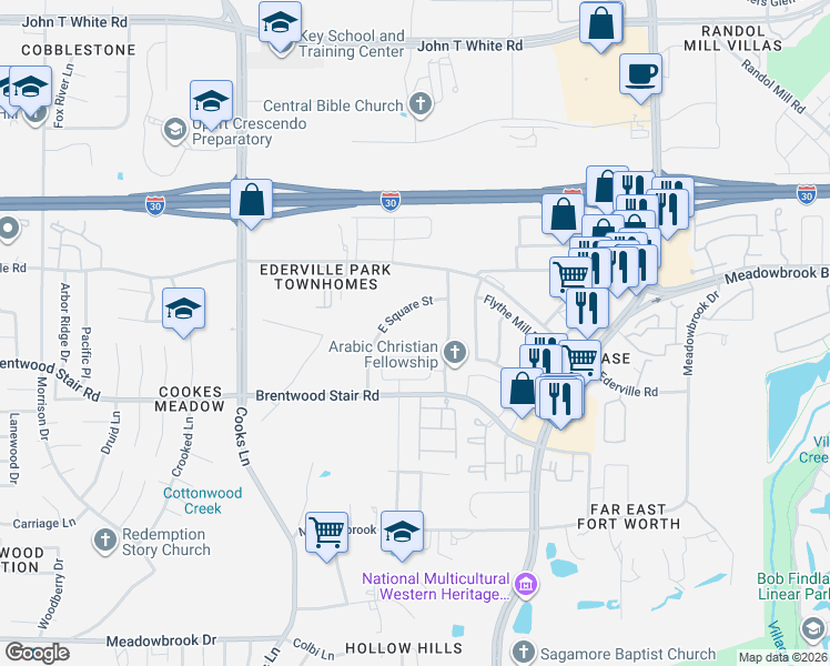 map of restaurants, bars, coffee shops, grocery stores, and more near 1600 East Square Street in Fort Worth