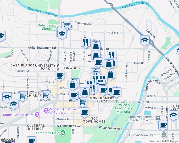 map of restaurants, bars, coffee shops, grocery stores, and more near 2720 Azalea Avenue in Fort Worth
