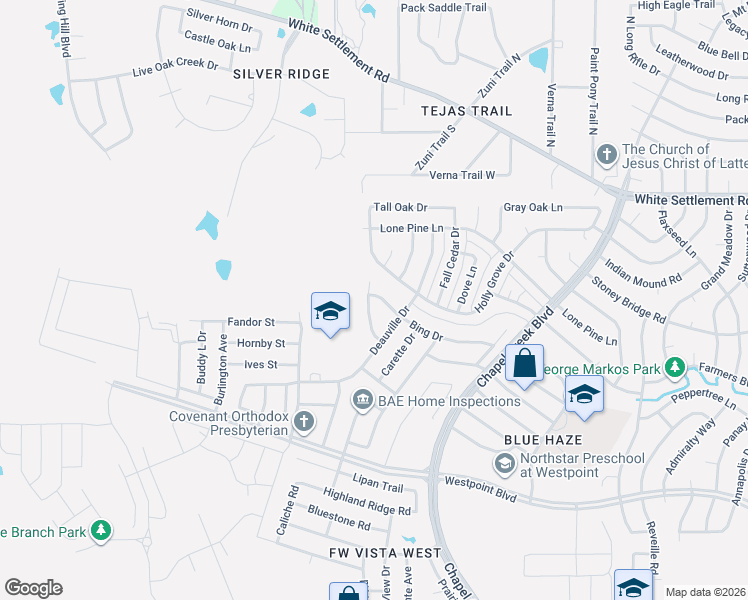 map of restaurants, bars, coffee shops, grocery stores, and more near 10729 Bing Drive in Fort Worth