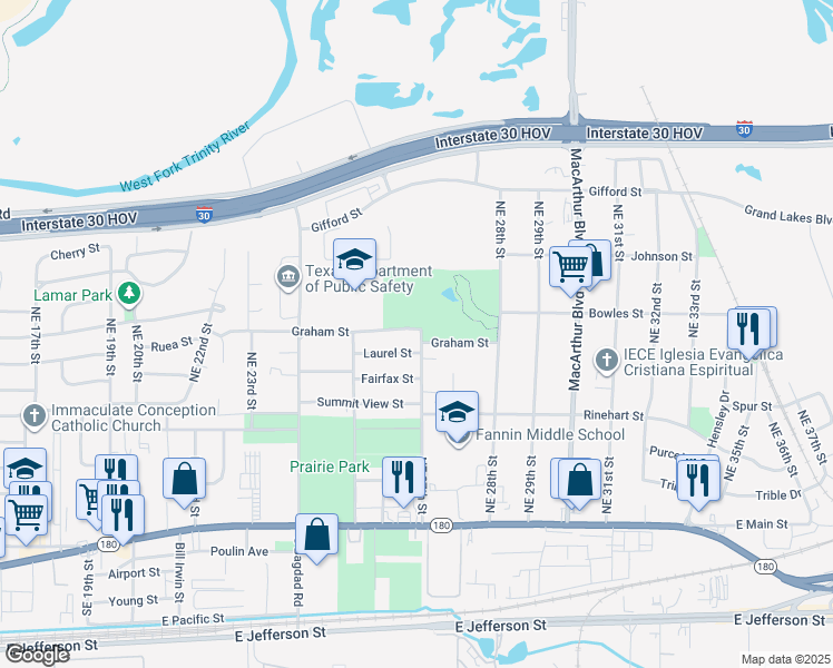 map of restaurants, bars, coffee shops, grocery stores, and more near 2625 Graham Street in Grand Prairie