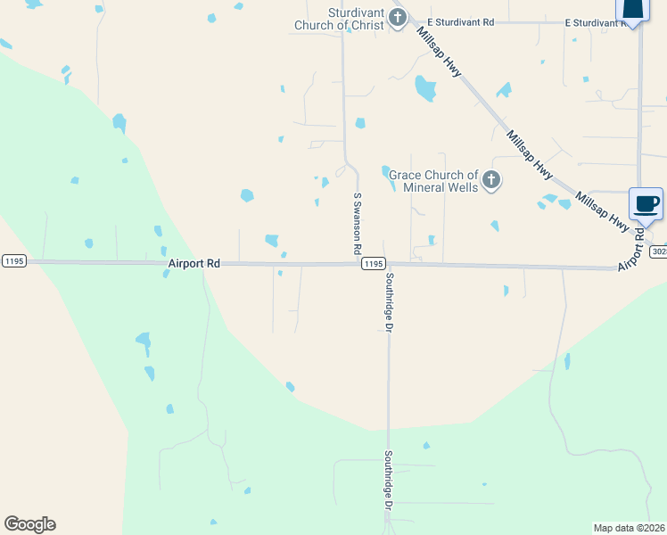map of restaurants, bars, coffee shops, grocery stores, and more near 6232 Airport Road in Mineral Wells