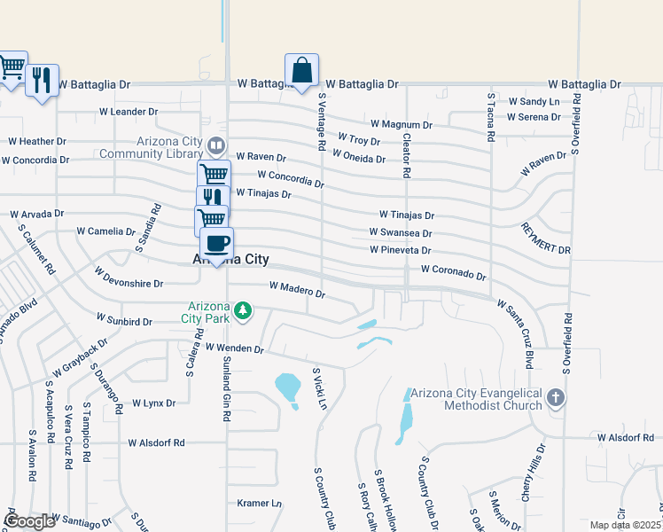 map of restaurants, bars, coffee shops, grocery stores, and more near 9143 West Coronado Drive in Arizona City