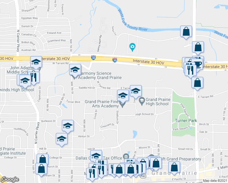 map of restaurants, bars, coffee shops, grocery stores, and more near 1075 Stadium Drive in Grand Prairie