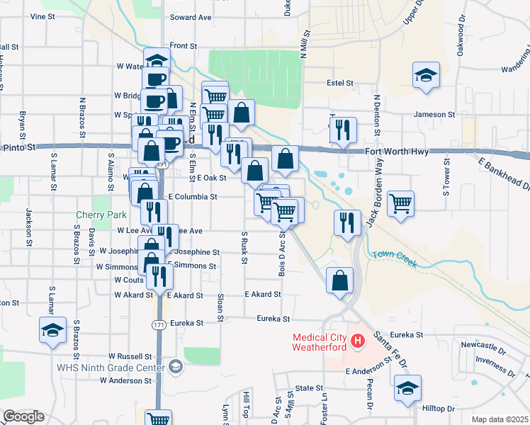 map of restaurants, bars, coffee shops, grocery stores, and more near 250 Town Creek Hike and Bike Trail in Weatherford