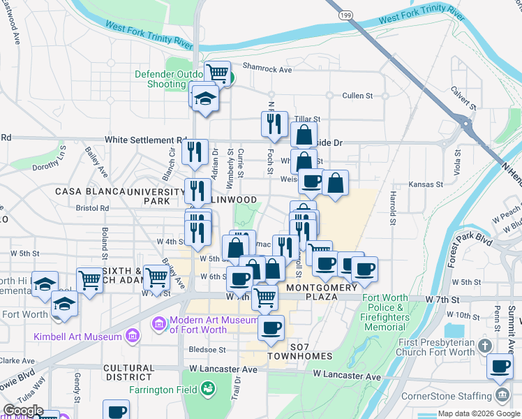 map of restaurants, bars, coffee shops, grocery stores, and more near 358 Foch Street in Fort Worth