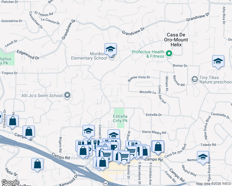 map of restaurants, bars, coffee shops, grocery stores, and more near 4155 Conrad Drive in Spring Valley