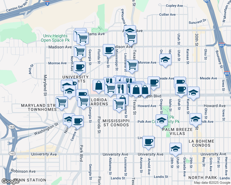 map of restaurants, bars, coffee shops, grocery stores, and more near 2144 El Cajon Boulevard in San Diego