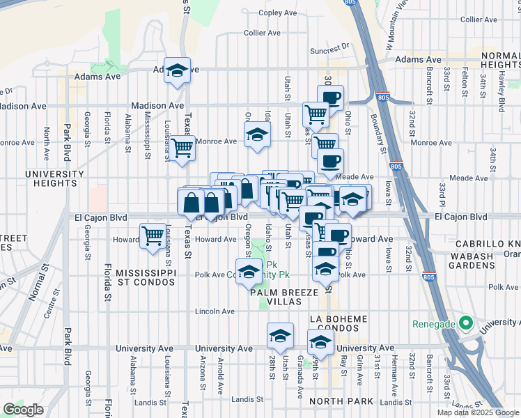 map of restaurants, bars, coffee shops, grocery stores, and more near 2724a El Cajon Boulevard in San Diego