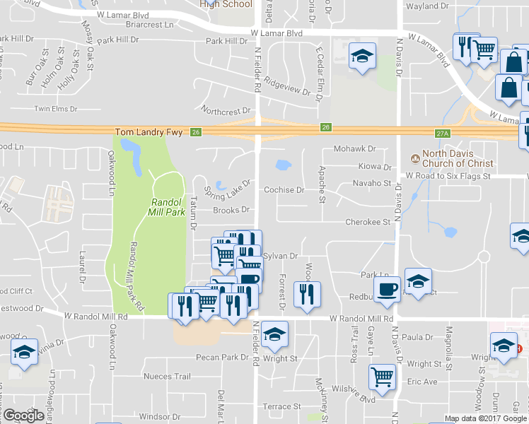 map of restaurants, bars, coffee shops, grocery stores, and more near 1425 North Fielder Road in Arlington