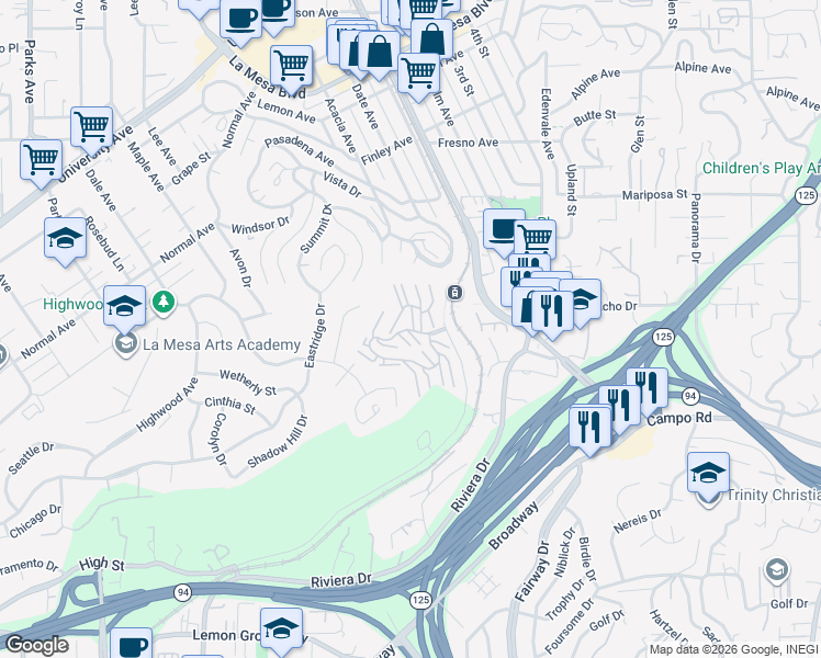 map of restaurants, bars, coffee shops, grocery stores, and more near 8001-8299 Valley View Cir in La Mesa