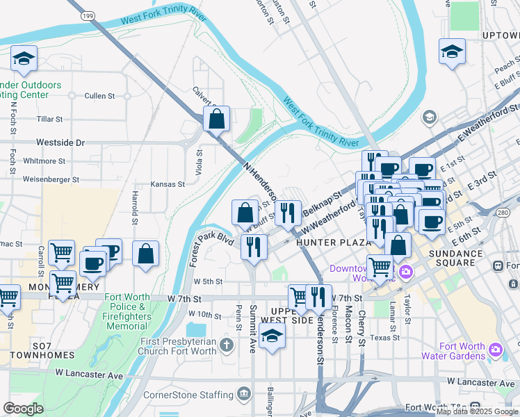 map of restaurants, bars, coffee shops, grocery stores, and more near 920 West Peach Street in Fort Worth
