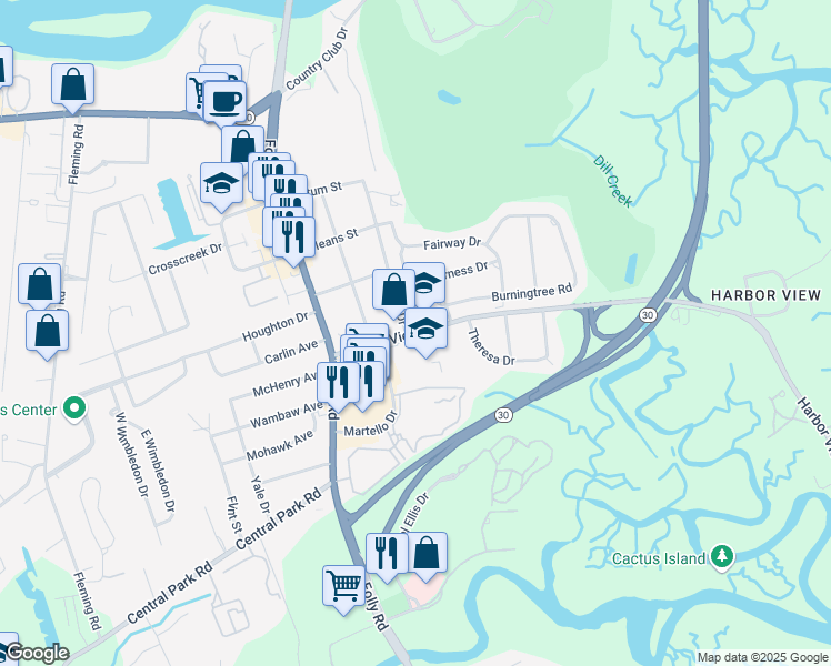 map of restaurants, bars, coffee shops, grocery stores, and more near 1576 Harbor View Road in Charleston