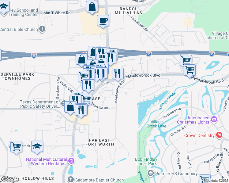map of restaurants, bars, coffee shops, grocery stores, and more near 1605 Canfield Drive in Fort Worth