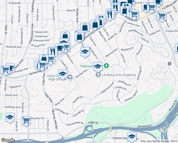 map of restaurants, bars, coffee shops, grocery stores, and more near 4284 Schoolridge Lane in La Mesa