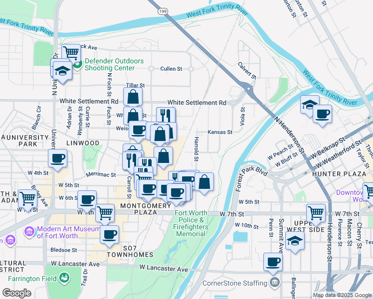 map of restaurants, bars, coffee shops, grocery stores, and more near 2200 Dakota Street in Fort Worth