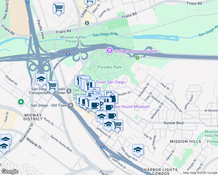 map of restaurants, bars, coffee shops, grocery stores, and more near 4242 Cosoy Way in San Diego
