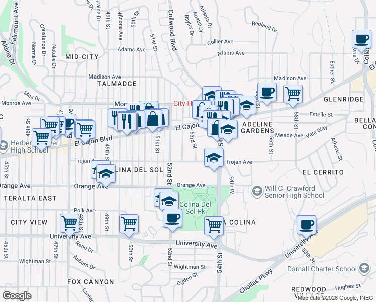 map of restaurants, bars, coffee shops, grocery stores, and more near 4333 Dawson Avenue in San Diego