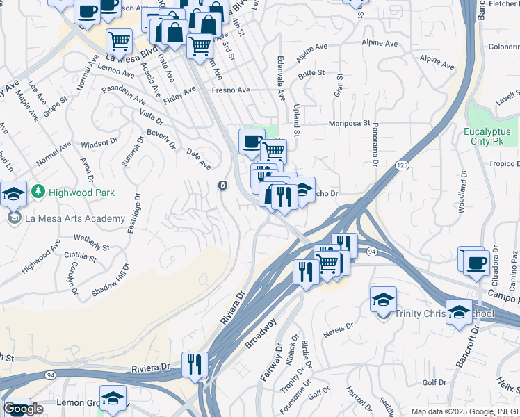 map of restaurants, bars, coffee shops, grocery stores, and more near 4252 Spring Street in La Mesa