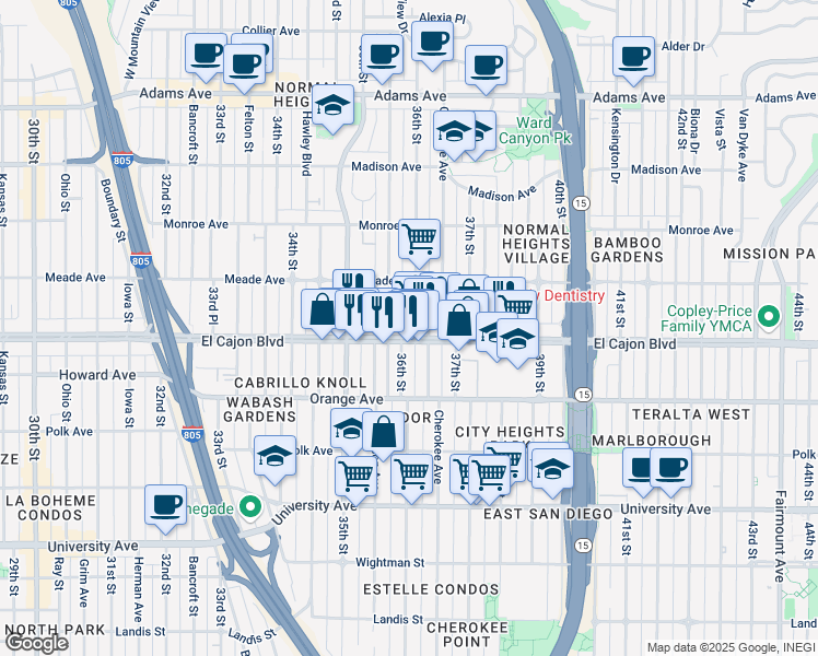map of restaurants, bars, coffee shops, grocery stores, and more near 3602 El Cajon Boulevard in San Diego