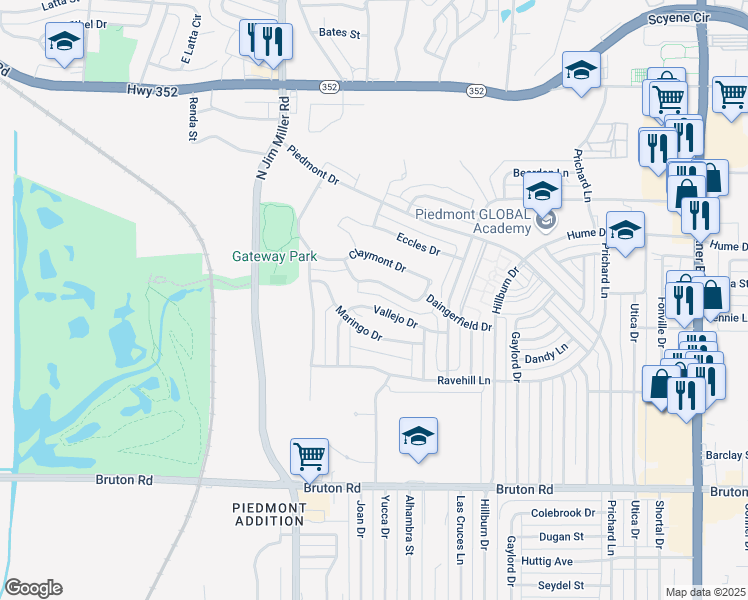 map of restaurants, bars, coffee shops, grocery stores, and more near 7317 Vallejo Drive in Dallas