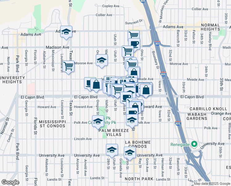 map of restaurants, bars, coffee shops, grocery stores, and more near 2878 El Cajon Boulevard in San Diego