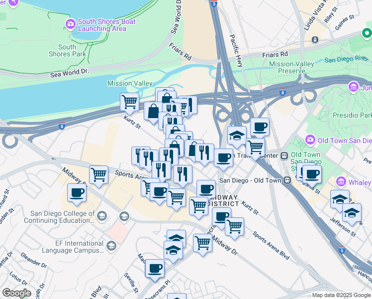 map of restaurants, bars, coffee shops, grocery stores, and more near 3430 Kurtz Street in San Diego
