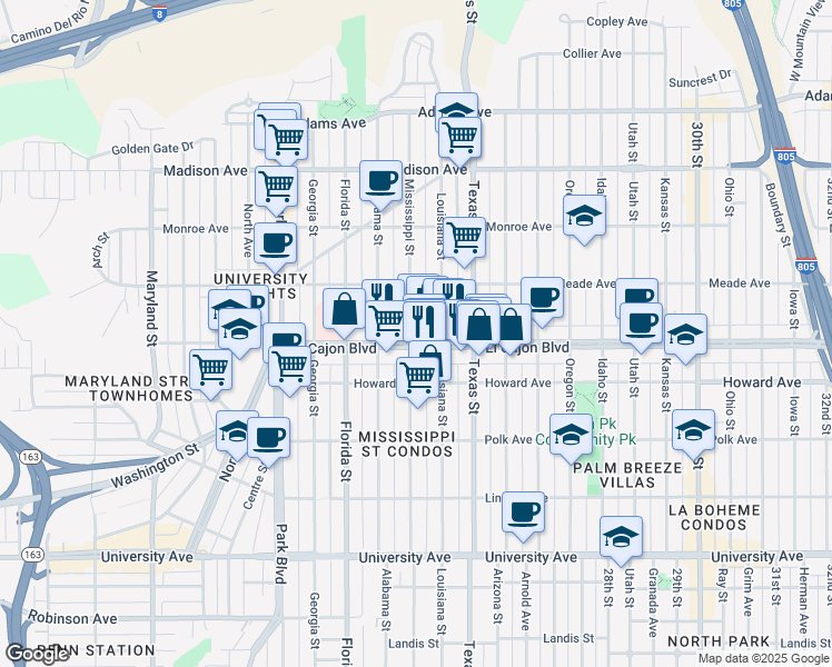 map of restaurants, bars, coffee shops, grocery stores, and more near 2200 El Cajon Boulevard in San Diego