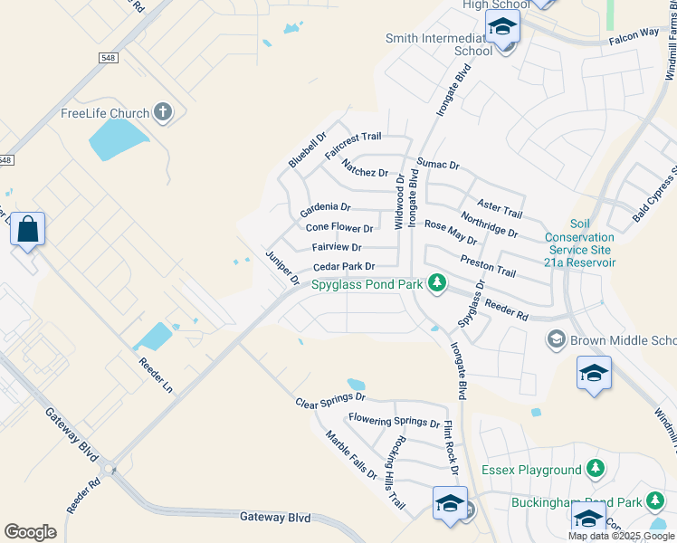map of restaurants, bars, coffee shops, grocery stores, and more near 2137 Cedar Park Drive in Forney