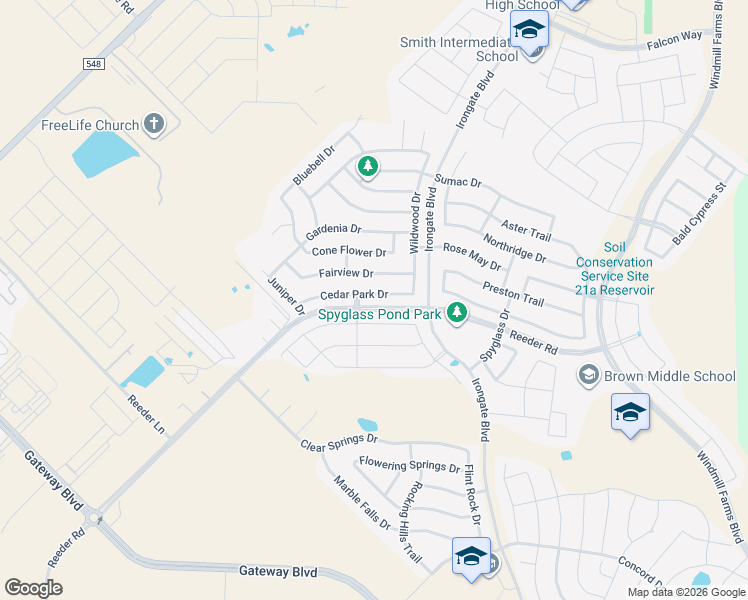 map of restaurants, bars, coffee shops, grocery stores, and more near 2123 Cedar Park Drive in Forney