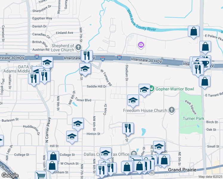 map of restaurants, bars, coffee shops, grocery stores, and more near 1 Saddle Hill Drive in Grand Prairie