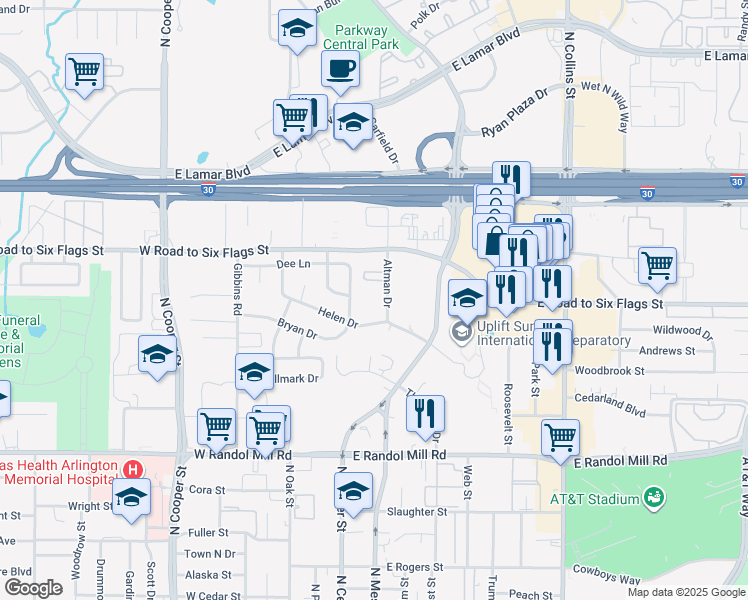 map of restaurants, bars, coffee shops, grocery stores, and more near 1404 Altman Drive in Arlington