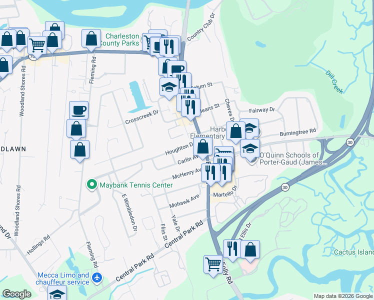 map of restaurants, bars, coffee shops, grocery stores, and more near 1723 Houghton Drive in Charleston