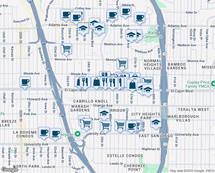 map of restaurants, bars, coffee shops, grocery stores, and more near 3540 El Cajon Boulevard in San Diego