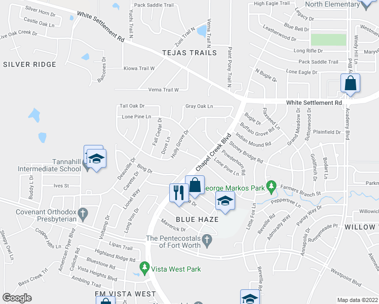 map of restaurants, bars, coffee shops, grocery stores, and more near 459 Little Valley Court in Fort Worth