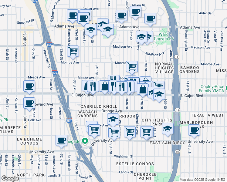 map of restaurants, bars, coffee shops, grocery stores, and more near 3540 El Cajon Boulevard in San Diego