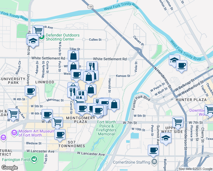 map of restaurants, bars, coffee shops, grocery stores, and more near 2200 Dakota Street in Fort Worth