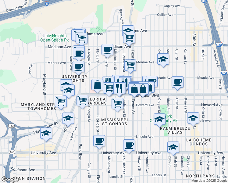 map of restaurants, bars, coffee shops, grocery stores, and more near 2144 El Cajon Boulevard in San Diego