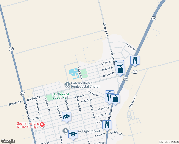 map of restaurants, bars, coffee shops, grocery stores, and more near 212 North 23rd Street in Lamesa