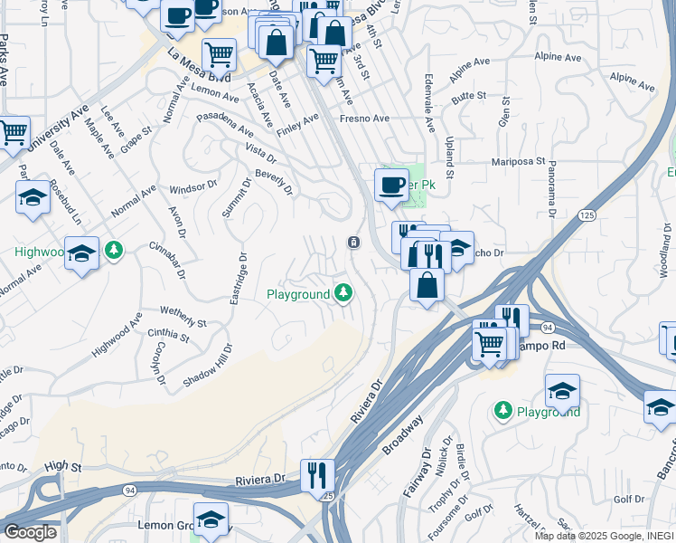 map of restaurants, bars, coffee shops, grocery stores, and more near 8302 Valley View Circle in La Mesa