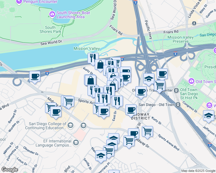 map of restaurants, bars, coffee shops, grocery stores, and more near 3487 Kurtz St in San Diego